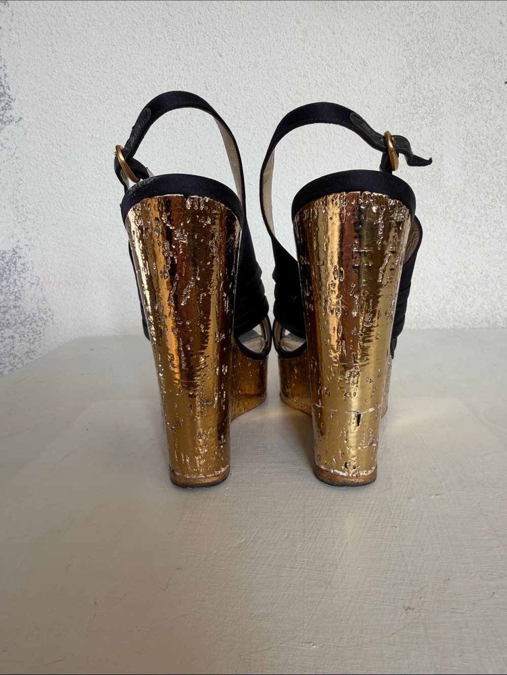 Yves Saint Laurent Black & Gold Textured Wedge Slingbacks - Picture 4 of 5